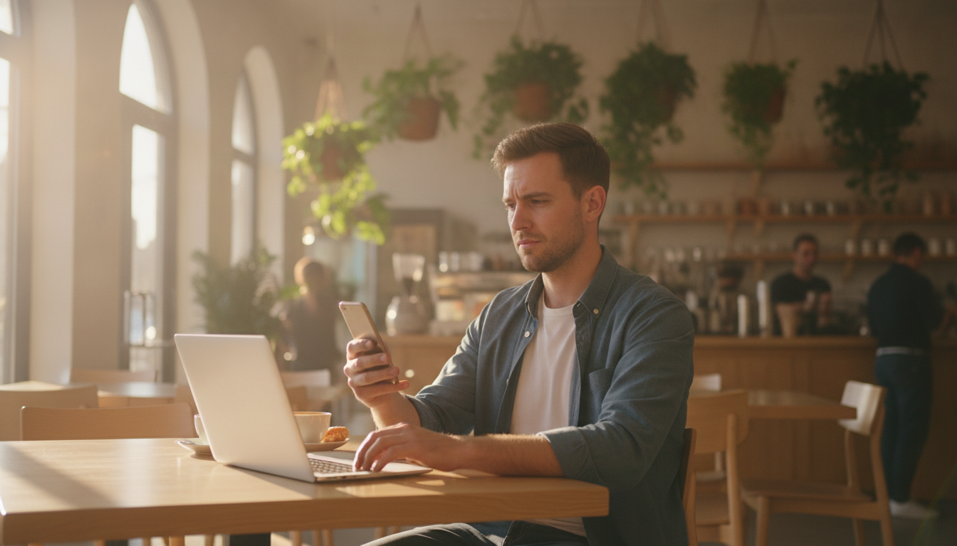 Mann im Café betrachtet nachdenklich eine verdächtige Nachricht auf dem Smartphone