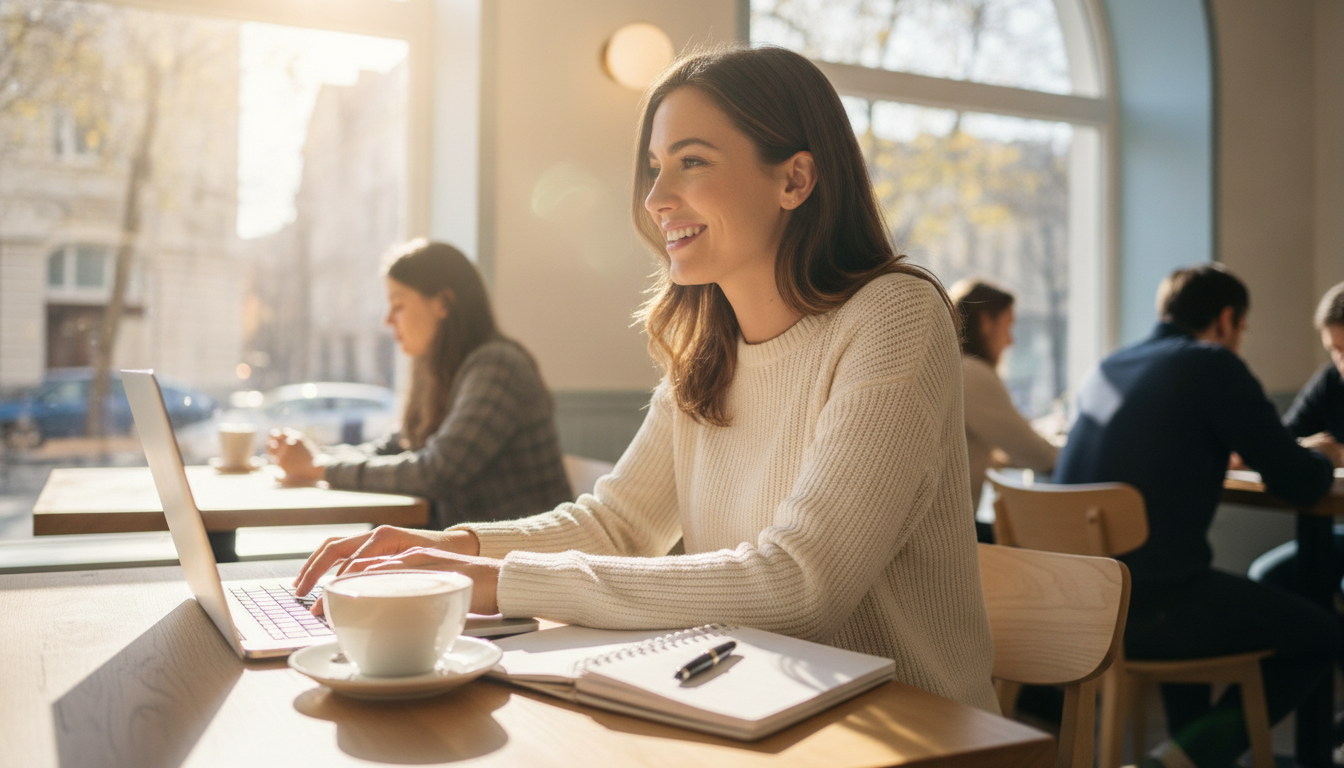 Freiberuflerin arbeitet lächelnd am Laptop in einem hellen Café