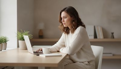Junge Frau prüft am Laptop skeptisch ein verdächtiges Online-Jobangebot